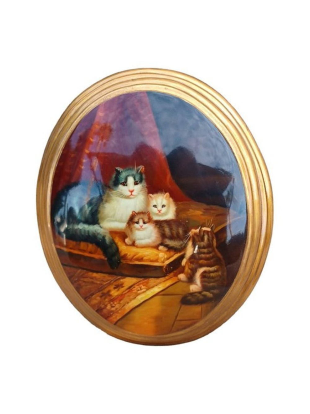 Oval gilt frame wooden picture of four cats